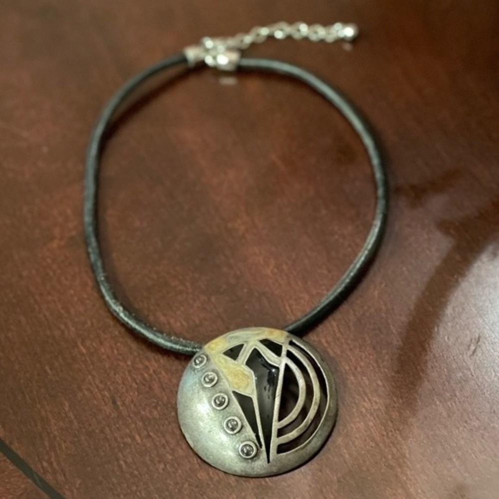 Vintage Chico's Signed Black Leather Pendant Statement Necklace # 259 - Picture 5 of 6